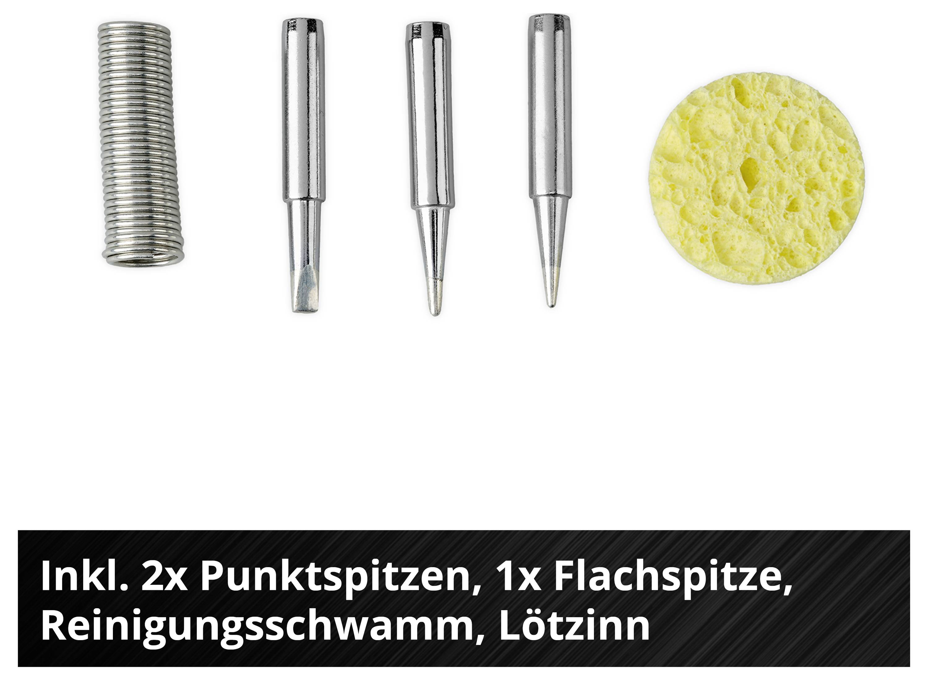 Set za lemljenje sa 2 šiljka za lemljenje, 1 ravnim šiljkom, spužvom za čišćenje i lemnom žicom.