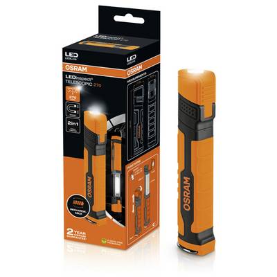 Baterijska LED lampa Osram s teleskopskim dizajnom, opremljena dvjema postavkama svjetla i punjivom baterijom. Paket uključuje sliku proizvoda i detalje jamstva.