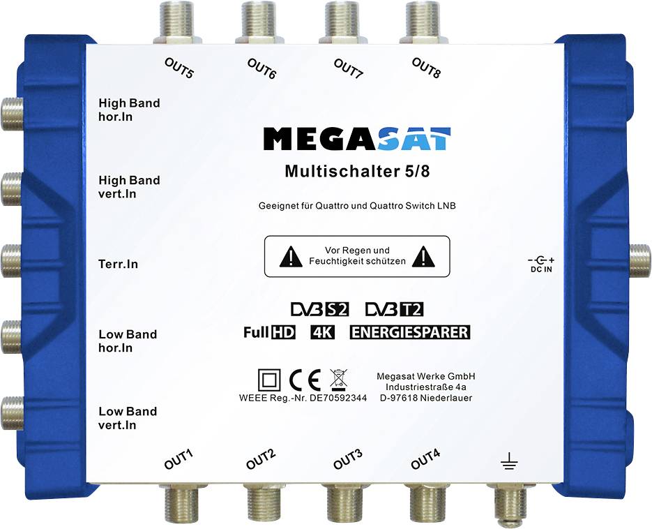 Multiswitch uređaj označen kao 'MEGASAT Multischalter 5/8', dizajniran za Quattro i Quattro Switch LNB, s više priključaka i indikatorima spajanja.