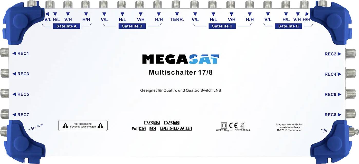Satelitski multiswitch uređaj tvrtke MegaSat, označen kao 'Multischalter 17/8', s više ulaznih/izlaznih priključaka za satelitske i zemaljske signale.