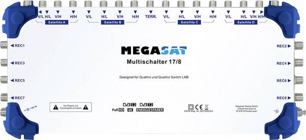 MegaSat 0600154 satelitski multiprekidač Ulazi (višestruki prekidač): 17 (16 sat/1 zemaljske) Broj sudionika: 8