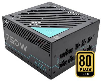 '750W AZZA jedinica napajanja s 80 Plus Gold certifikacijom, koja ima više priključnih portova sa strane.'