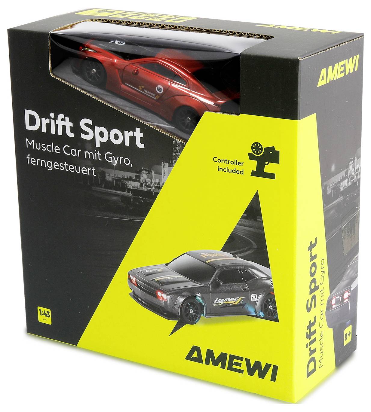 'Drift Sport' igračka automobil s crvenim modelom vozila. Istaknutosti uključuju 'Mišićni automobil s Gyro sustavom, daljinski upravljan' i 'Kontroler uključen.'
