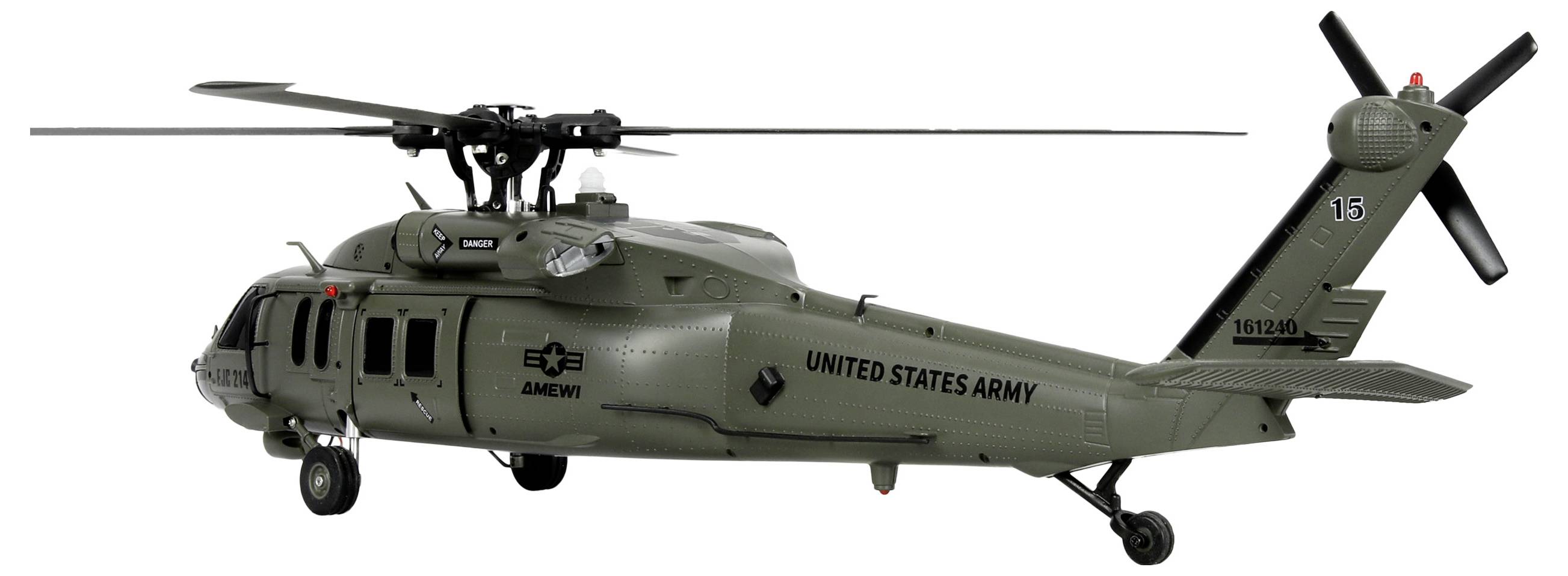 Vojni helikopter iz bočne perspektive sa tekstom 'United States Army' na trupu, prikazuje broj '15' na repu, na bijeloj pozadini.