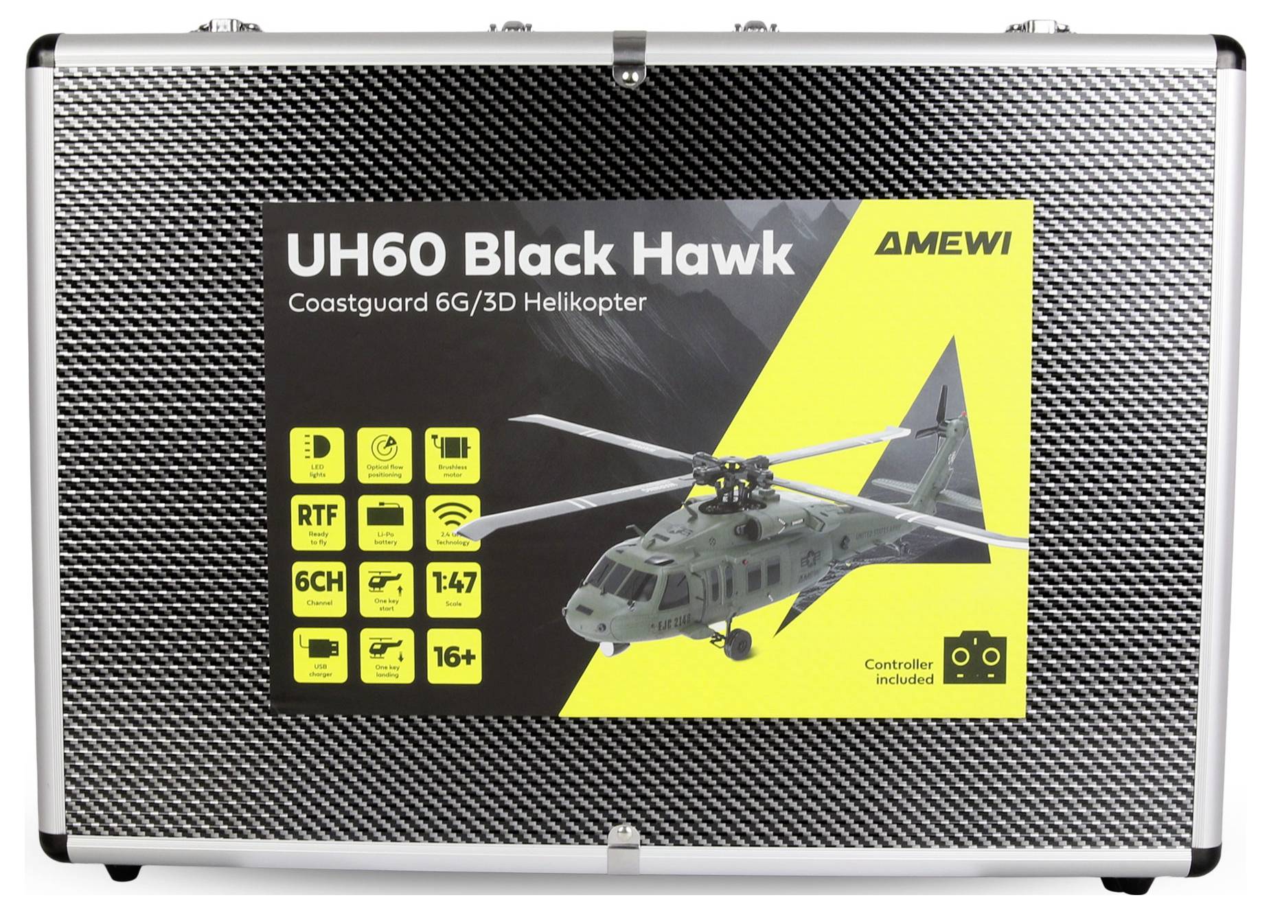 UH60 Black Hawk Obalna straža 6G/3D Helikopter, paket zaModelarstvo. Uključuje sliku helikoptera. Detalji: Potpuno spremno za letenje (RTF), 6 kanala, T-47 model, preporučeno za uzrast 16+, kontroler uključen u set.