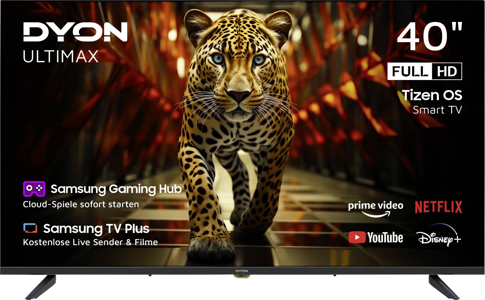 40" Dyon Ultimax Full HD Smart TV s Tizen operativnim sustavom. Ima Samsung Gaming Hub, Samsung TV Plus, te aplikacije poput Prime Videa, Netflixa, YouTubea, Disney+.