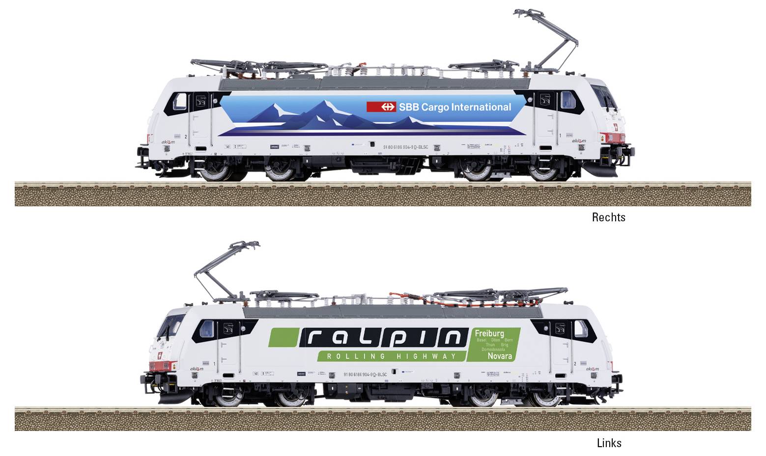Dva vlaka jedna do drugoga; gornji vlak označen natpisom 'SBB Cargo International' s planinskom grafikom, donji označen natpisom 'ralpin' s lokacijama.