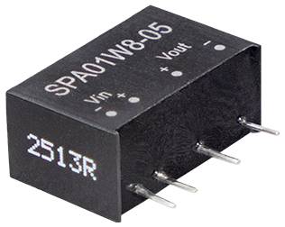 Crni elektronički component oznake 'SPA01W8-05', s pinovima, prikazuje 'Vin' i 'Vout' priključke, te broj '2513R'.