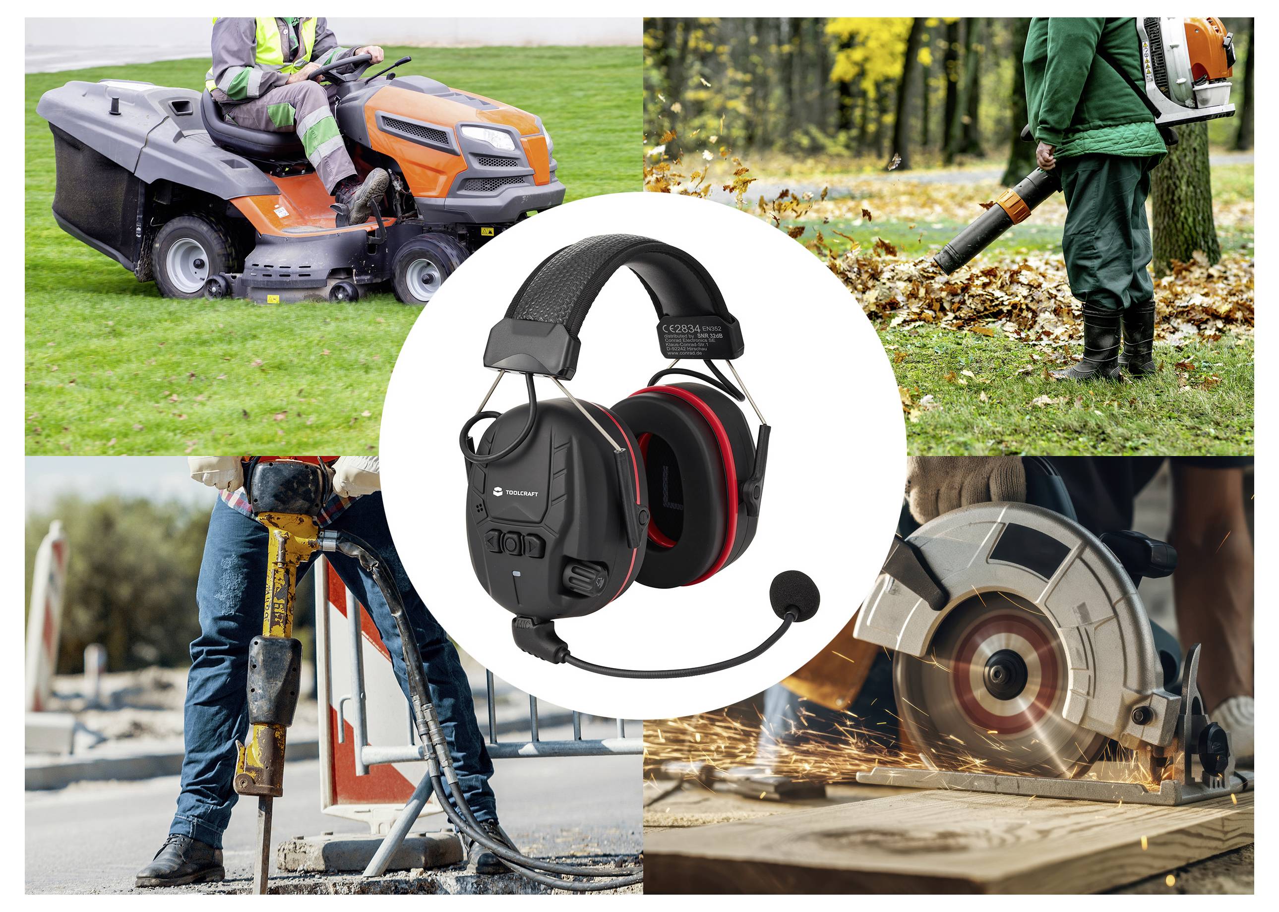 Centralna slika crne naušnice za zaštitu sluha s mikrofonom, okružena radnicima koji koriste bučnu travu, puhač lišća i električne alate.