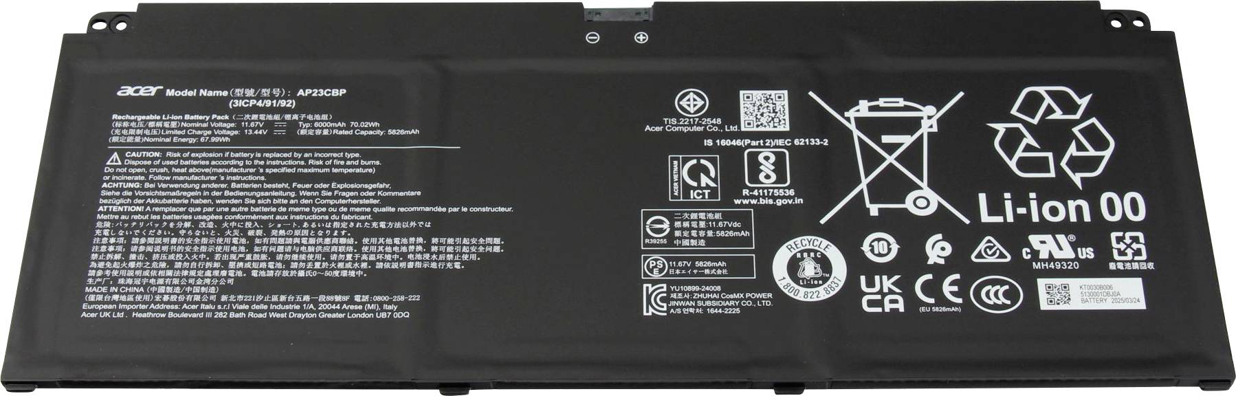 Acer litij-ionska baterija s brojem modela KT.00407.011 i naponom od 11,4 V, kapaciteta 4670 mAh. Sadrži sigurnosne ikone i informacije o recikliranju.