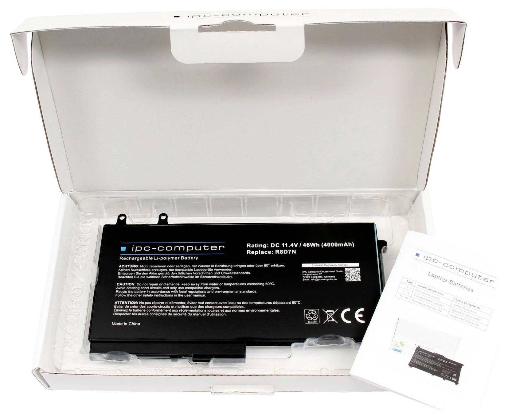 Litij-polimerska baterija u kutiji pokraj upute za upotrebu tvrtke 'ipd-computer', označena oznakom 11,4V, 48Wh, 4000mAh, model RB07N.