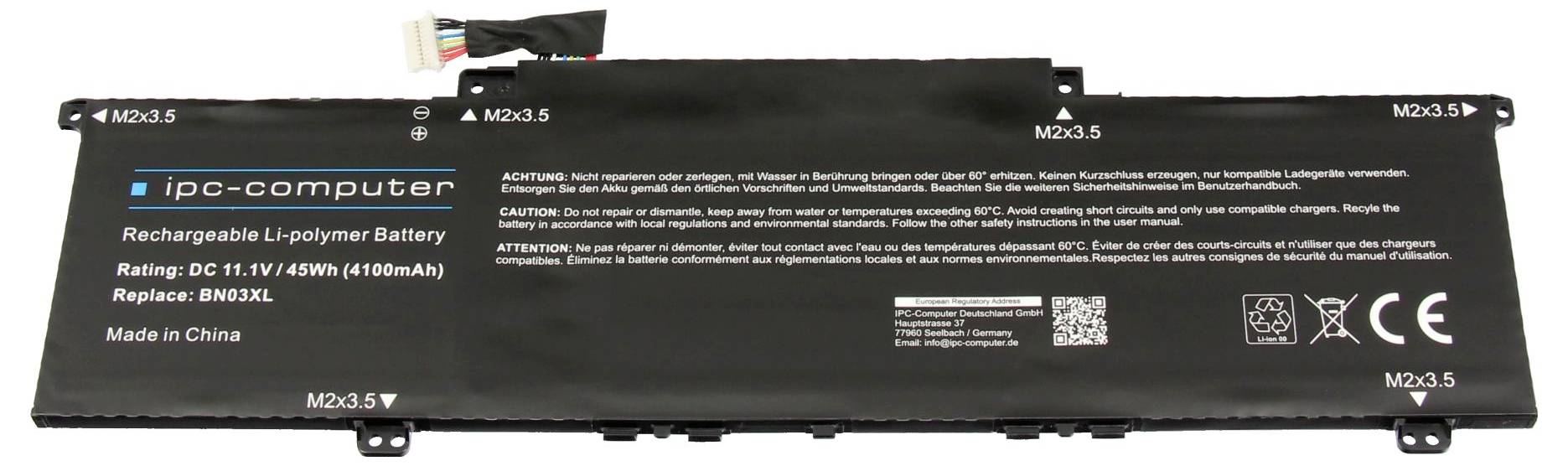 Punjiva litij-polimerna baterija označena 'ipc-computer', nominirana 11,4V/45Wh (4100mAh), model BN03XL, s sigurnosnim upozorenjima na više jezika.
