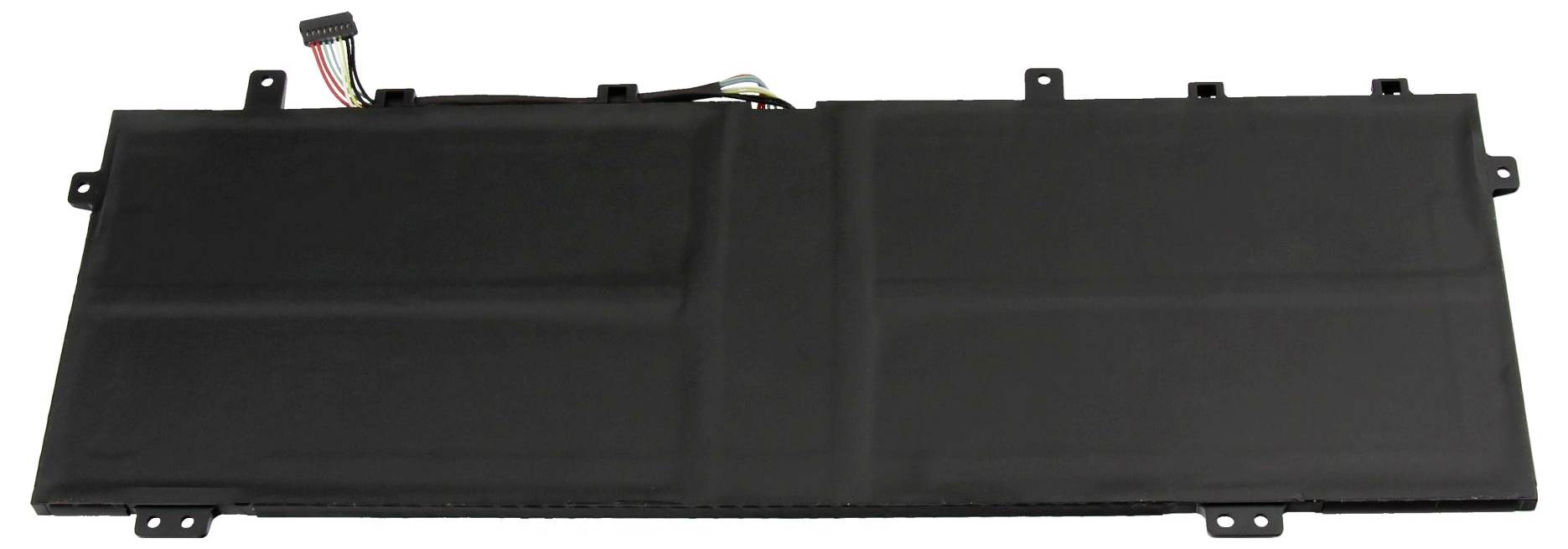 Pravokutna crna laptop baterija s pričvršćenim višebojnim žicama i konektorom, fotografirana odozgo.
