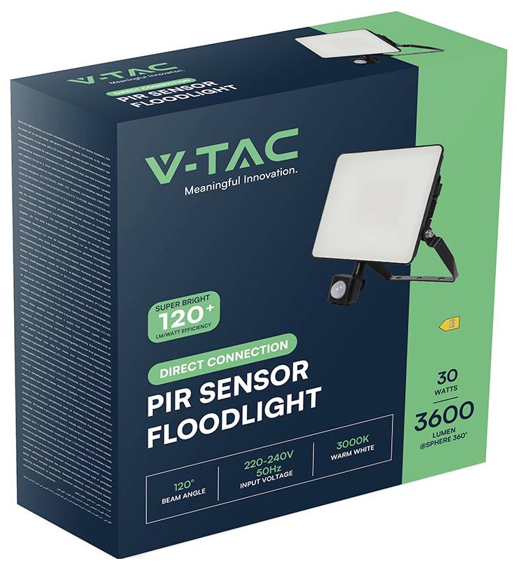 V-TAC reflektorska kutija koja prikazuje karakteristike: PIR senzor, 30 watts, 120° kut snopa, 220-240V, 3000K toplo bijelo, 3600 lumena, izravno spajanje.