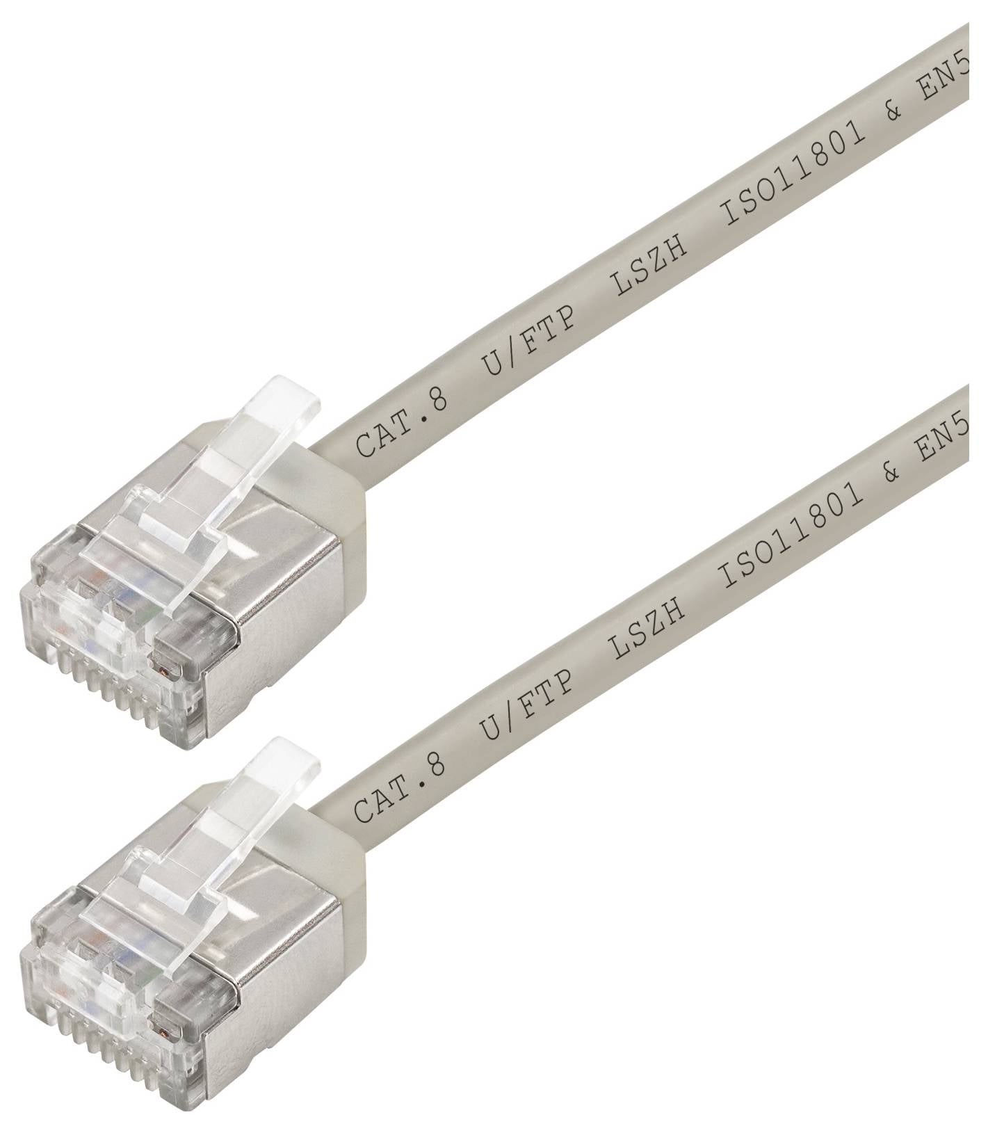 Dva Ethernet kabela Cat 8 s metalnim konektorima. Kabeli su označeni natpisom 'CAT.8 U/FTP LSZH ISO11801 & EN5'.