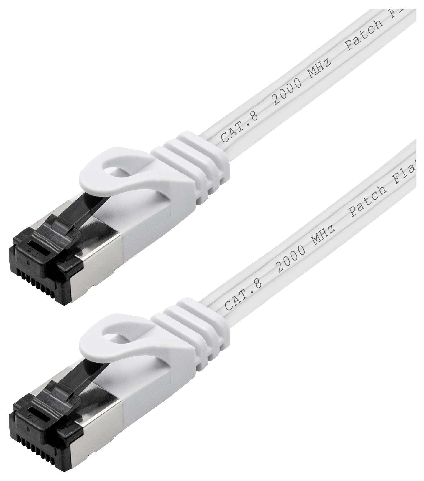 Dva bijela Ethernet kabela Cat.8 s crnim i srebrnim konektorima, označena natpisom 'CAT.8 2000 MHz Patch Flat'.