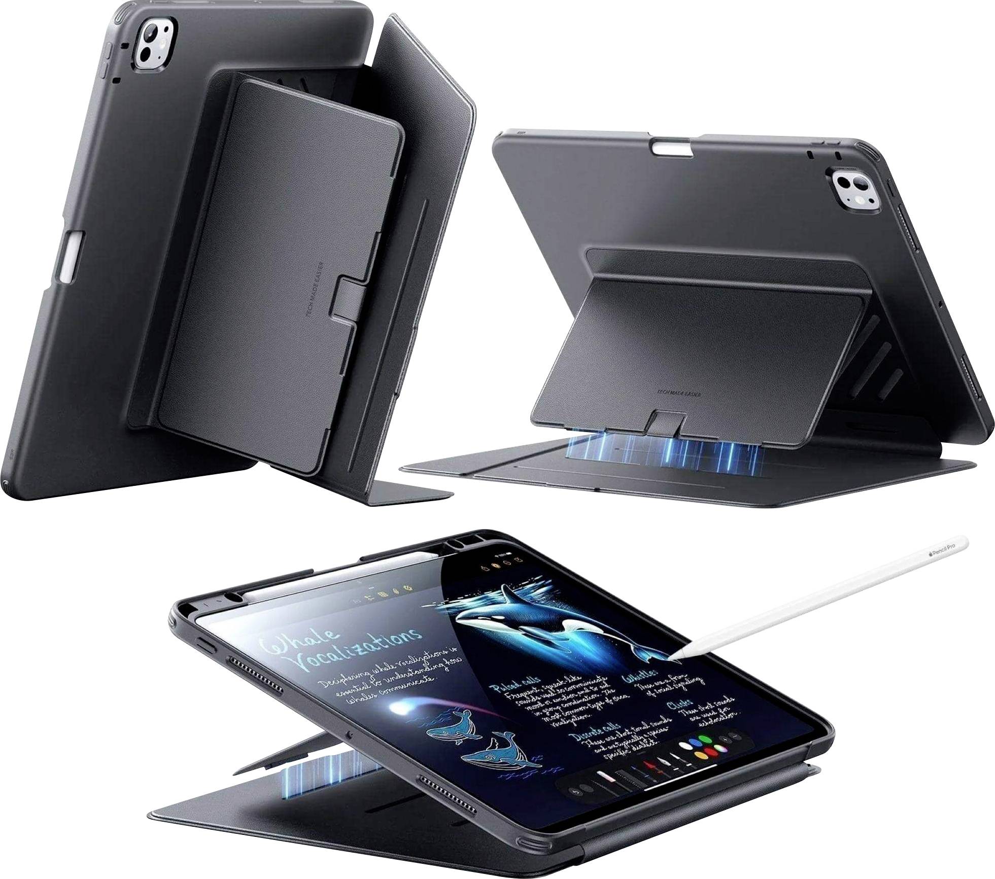 Futrola za tablet s podesivim postoljem koja prikazuje tri kuta: okomiti za gledanje, niski za pisanje, te olovku u upotrebi na kreativnoj aplikaciji.