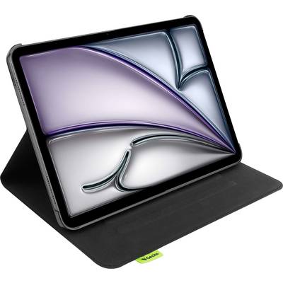 Tablet s apstraktnim stiliziranim ljubičasto-srebrenim dizajnom na zaslonu, postavljen na crni stalak s malenom zelenom oznakom.