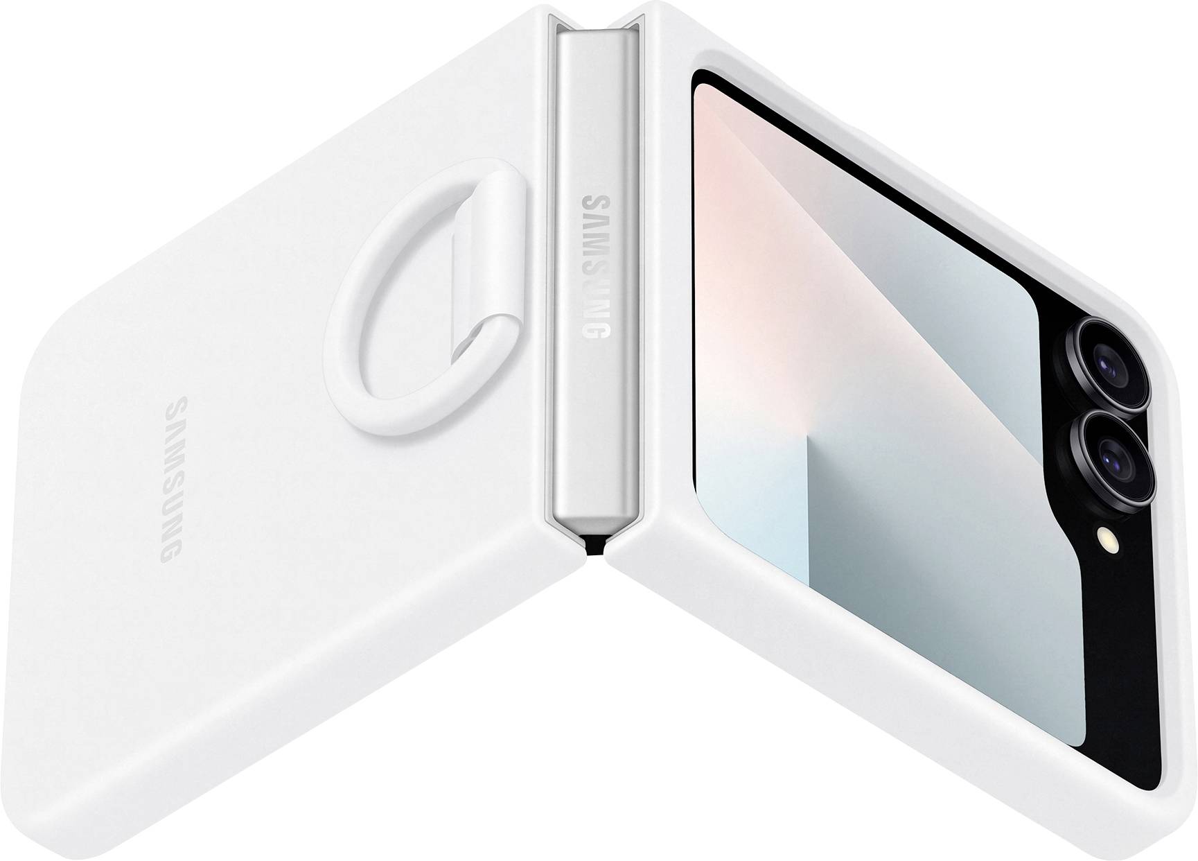 Bijeli preklopni smartphone s dva stražnja fotografska aparata, djelomično otvoren, koji prikazuje njegov elegantan dizajn i minimalistički stil.