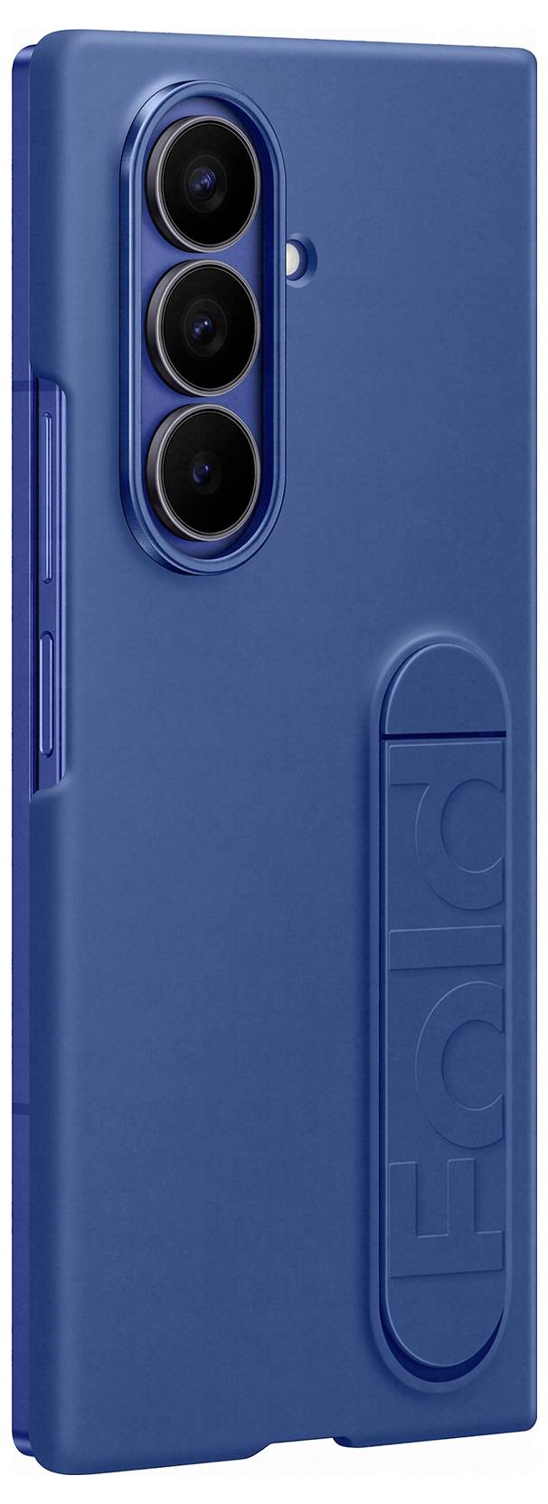 Plava futrola za savitljivi telefon, s tri otvora za objektive kamere i utisnutom riječi 'Fold'.