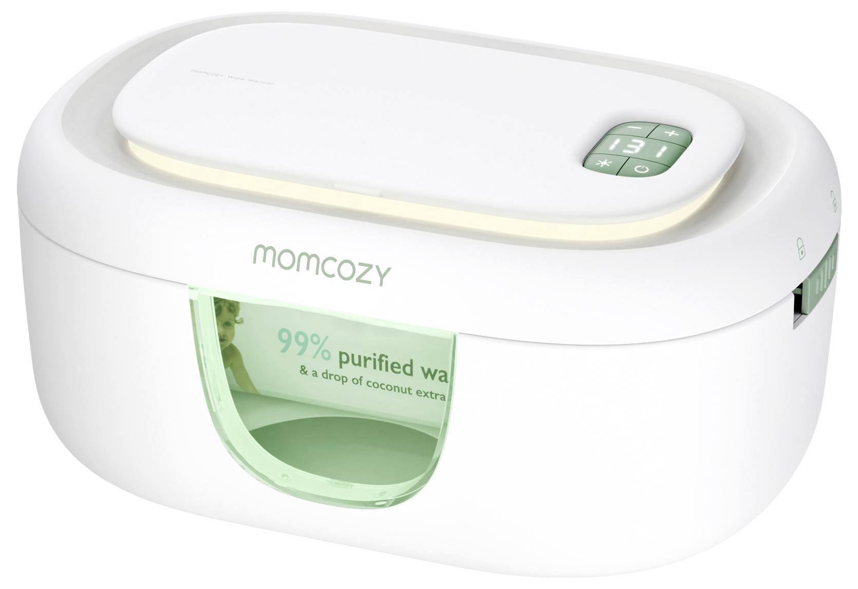 Bijeli Momcozy grijač za vlažne maramice s digitalnim zaslonom i zelenim detaljima, s tekstom "99% pročišćene vode i kap kokosovog ulja".