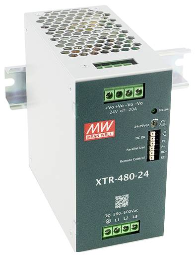 Napajanje 'Mean Well XTR-480-24' zelene prednje ploče, s više priključaka i oznakom modela. Izlaz 24V pri 20A, ulaz 380-500V AC.