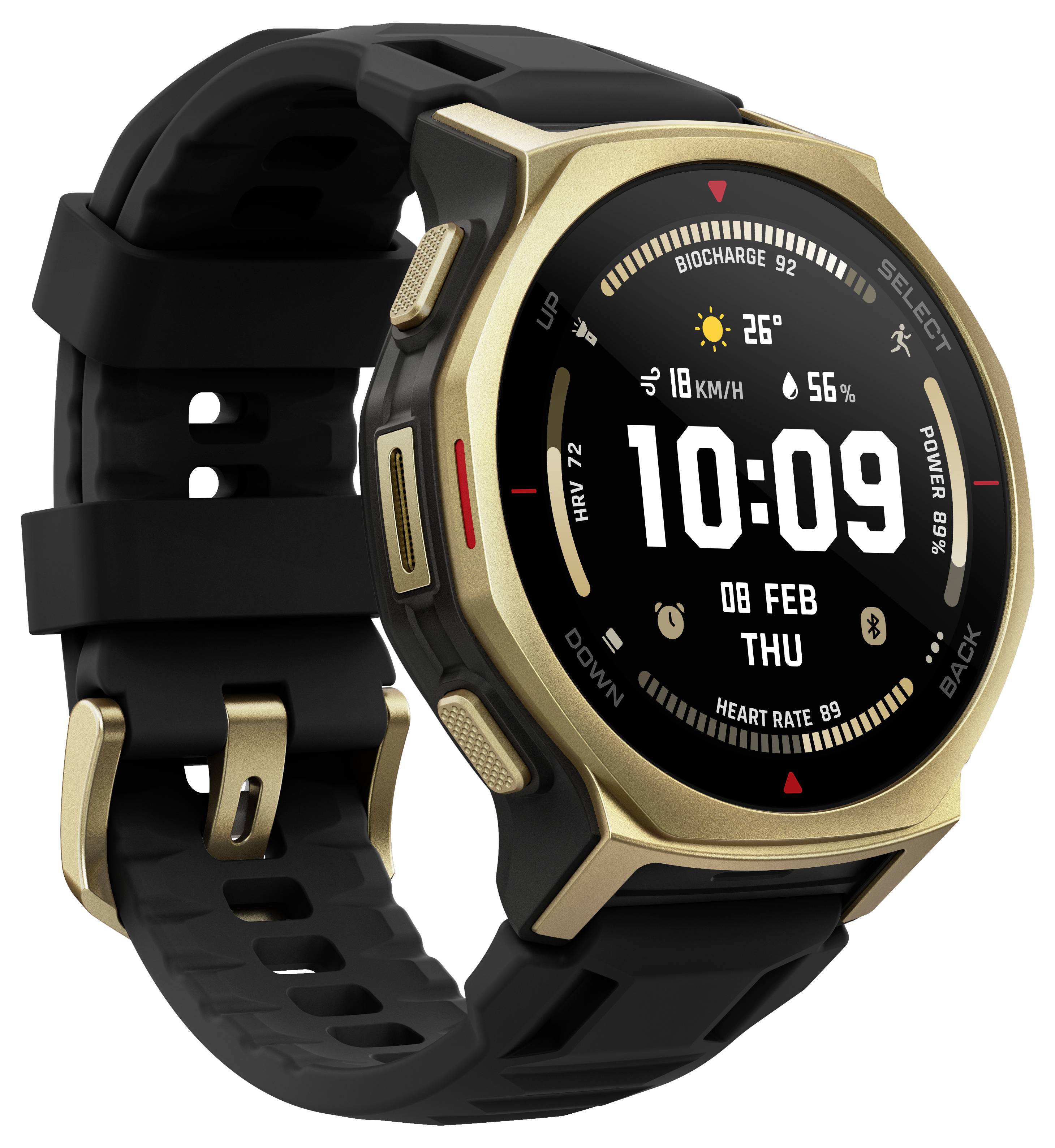 Digitalni pametni sat sa zlatnim i crnim detaljima sa okruglim zaslonom prikazuje 10:09, 26°C, 56% baterije, datum 08 FEB ČET, i ikone za zdravlje/fitness.