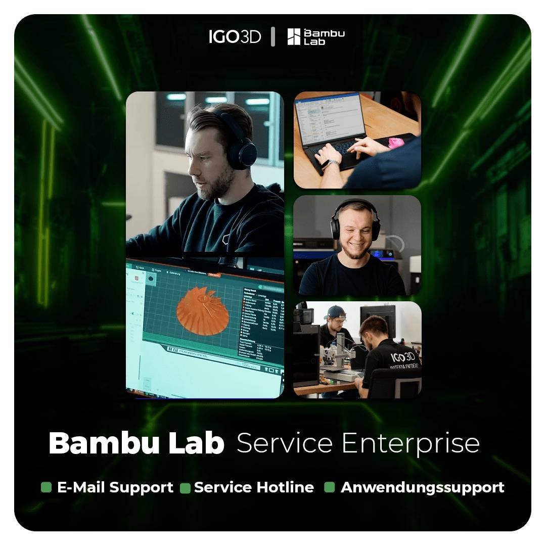 'Bambu Lab Servisno Poduzeće' s tri slike osoblja koje pokazuju aktivnosti podrške. Tekst ispod: 'E-mail Podrška', 'Servisna Linija', 'Tehnička Podrška'.