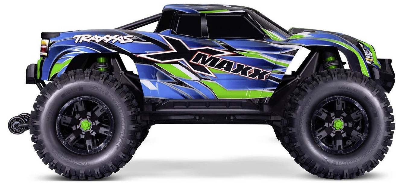 Plavi, zeleni i crni igračka čudovišni kamion oznake 'X-Maxx' s prekomjerno velikim kotačima, dizajniran za robusnu vožnju izvan ceste.