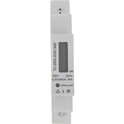 Bijeli mjerač električne energije na DIN-šinama označen TC-DRS-20SC MID, s digitalnim prikaznim oknom i specifikacijama 230V, 50Hz, 0,25-5(45)A, 3K6.