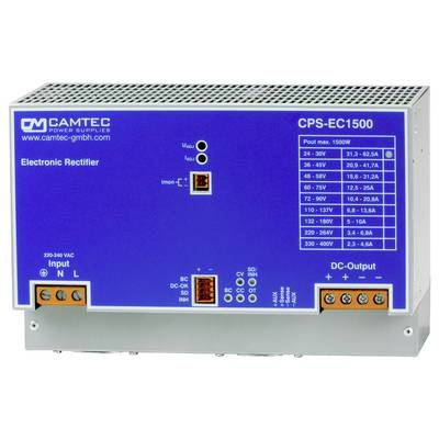 'CAMTEC CPS-EC1500' elektronički ispravljač sa ulaznim/izlaznim portovima, indikatorima i tablicom specifikacija za naponske i strujne karakteristike.