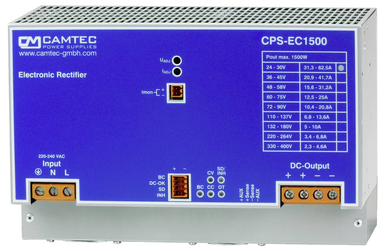 'Camtec CPS-EC1500 elektronički ispravljač' prikazan s detaljima ulaza i istosmjernog (DC) izlaza. Plava ploča prikazuje radne parametre i priključke.