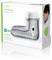 Kutija koja prikazuje grijač za stopala s šest razina grijanja. Slika prikazuje sivi grijač za stopala, uređaj za kontrolu i osobu koja se odmara.