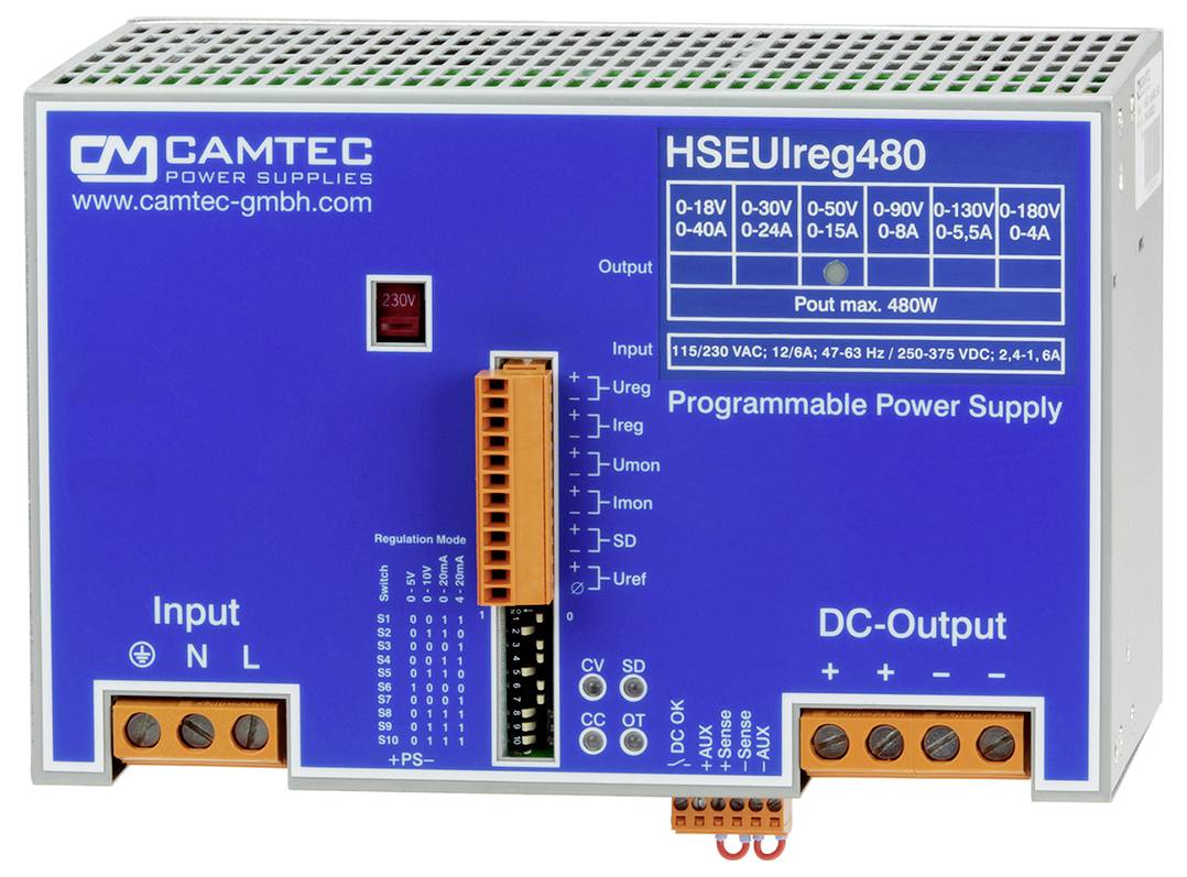 'CAMTEC HSEUIreg480 Programabilno Napajanje' koji prikazuje ulazne i istosmjerne izlazne priključke, načine regulacije i specifikacije napajanja.