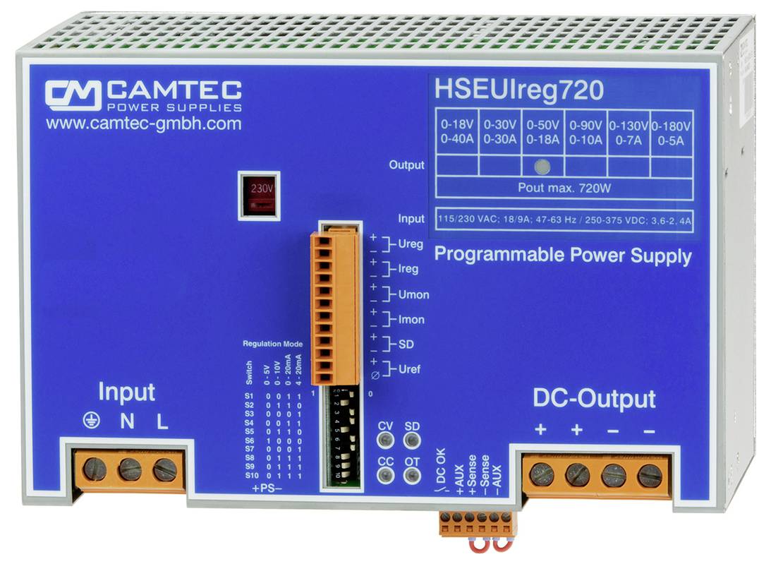 Camtec HSEUIreg720 Programabilno Napajanje s Mogućnošću Regulacije, s višestrukim ulaznim i izlaznim specifikacijama, uključujući snagu napajanja od 720W.