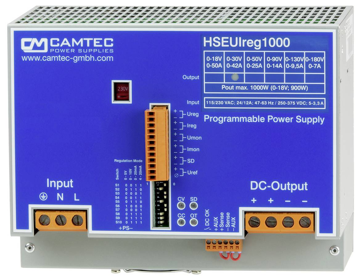 CAMTEC HSEUIreg1000 programabilno napajanje prikazuje ulazne/izlazne priključke, postavke i LED indikatore na plavoj prednjoj ploči.