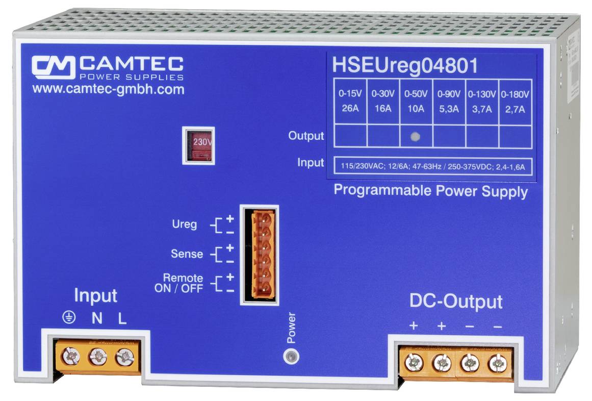 CAMTEC Programabilni Napajač, model HSEUreg04801. Karakteristike izlaznih i ulaznih detalja, upravljačkih sekcija i mogućnosti mjerenja.