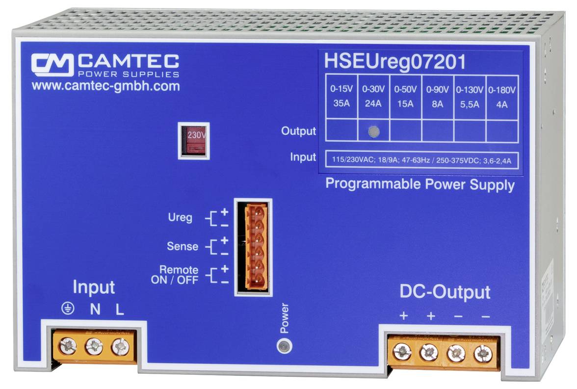 CAMTEC HSEUreg07201 programabilno napajanje, plavo kućište sa opcijama ulaza/izlaza, koje prikazuje trenutne i naponske detalje.