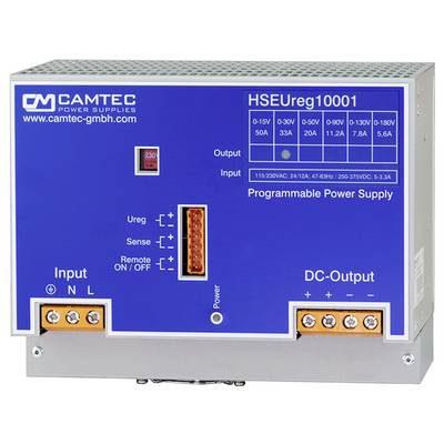 Jedinica napajanja 'CAMTEC', model 'HSEureg10001'. Sadrži specifikacije ulaza/izlaza, postavke snage i daljinski prekidač za uključivanje/isključivanje.