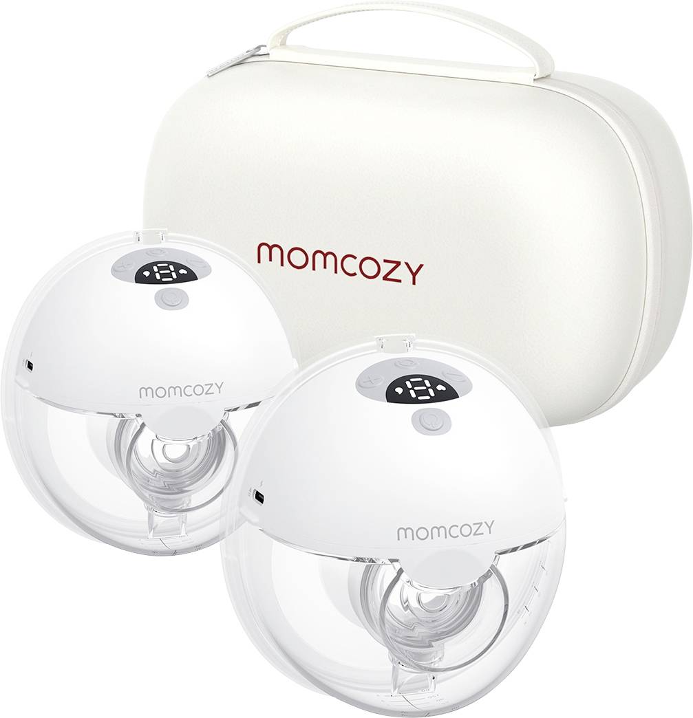 Set breast pumpa 'Momcozy' s zaštitnom torbicom za prenošenje. Bijeli dizajn s prozirnim donjim kućištem i digitalnim zaslonom na vrhu. Izrađen za udobnost i jednostavno prenošenje.
