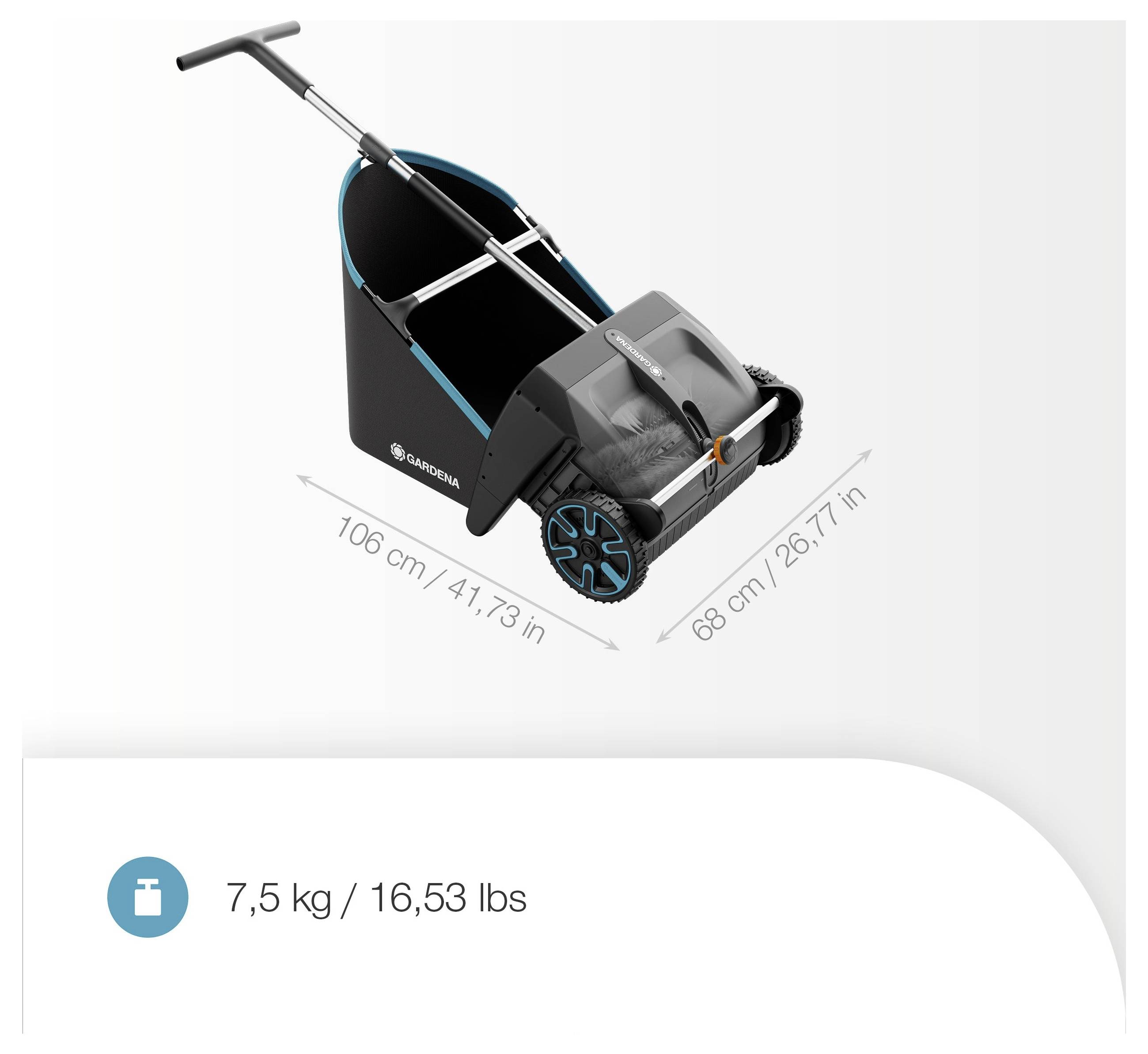 'Čistač travnjaka s ručkom, dimenzije: 106 cm x 68 cm. Težina: 7,5 kg (16,53 lbs).'