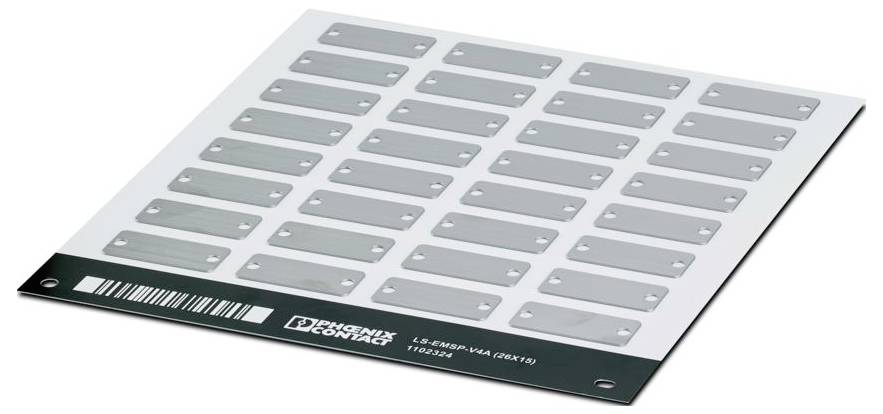 Phoenix Contact 1102324 LS-EMSP-V4A (26X15) Apparaatmarkering Montagemethode: Schroeven, Nieten Markeringsvlak: 15 x 26 mm Zilver Aantal markeringen: 32 5