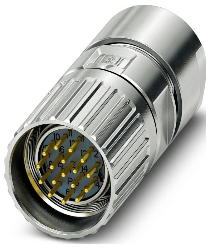 Srebrni metalni cilindrični konektor s vidljivim zlatnim kontaktima na jednom kraju; detaljne žljebove i oznake urezane su na površini.