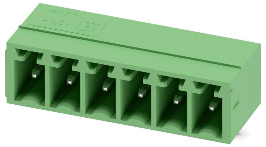 Zeleni sesteropozicijski priključni blok, označen 'MC 1.5 - 3.81', projektiran za sigurne električne veze u elektroničkim sklopovima.