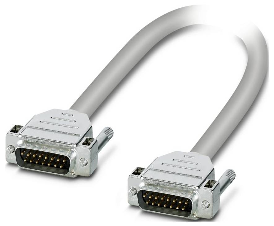 Sivi kabel za prijenos podataka s metalnim konektorima i više iglica na svakom kraju.