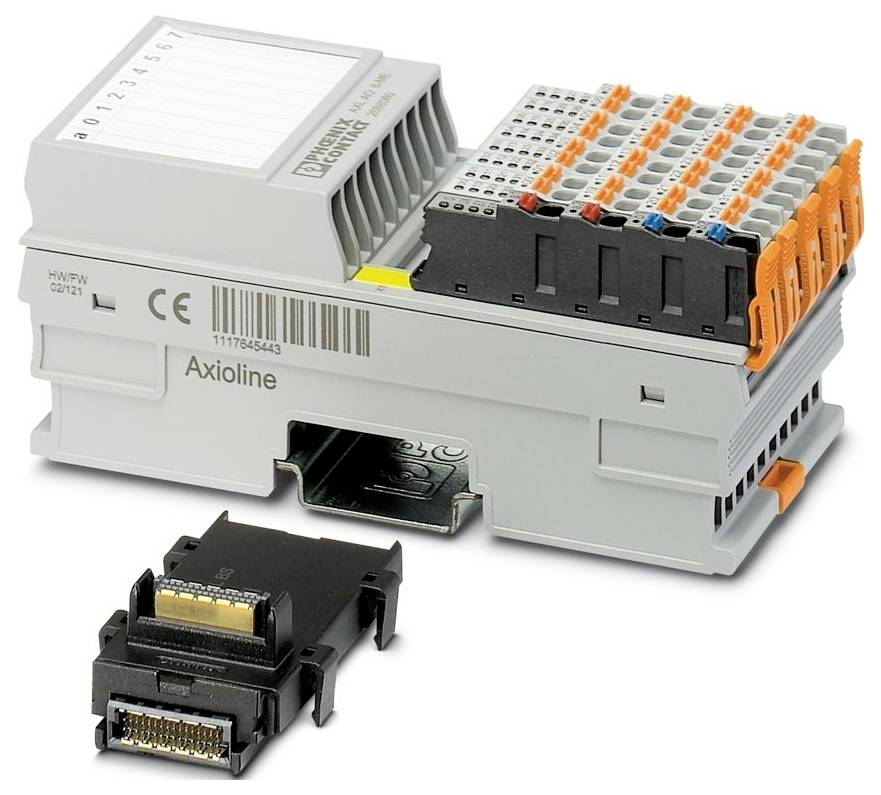 'Phoenix Contact Axioline' modul s terminalnim priključcima i oznakama, postavljen na bazu. Odvojeni konektor prikazan sprijeda.