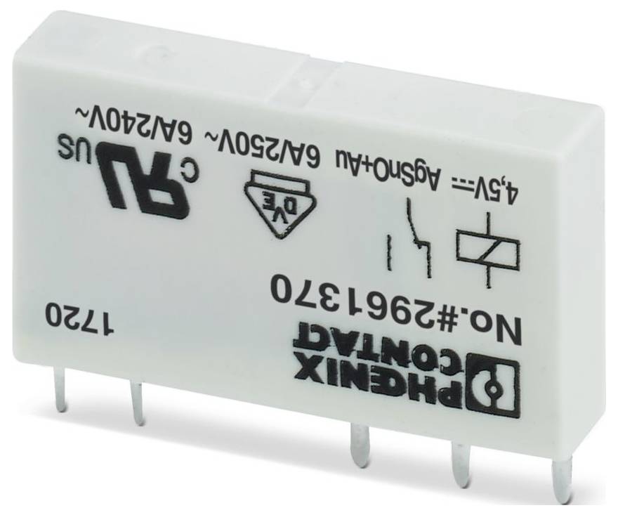 Bijela elektronička komponenta releja s više priključaka prikazana, s simbolima i tekstom koji označavaju tehničke specifikacije i branding proizvođača.