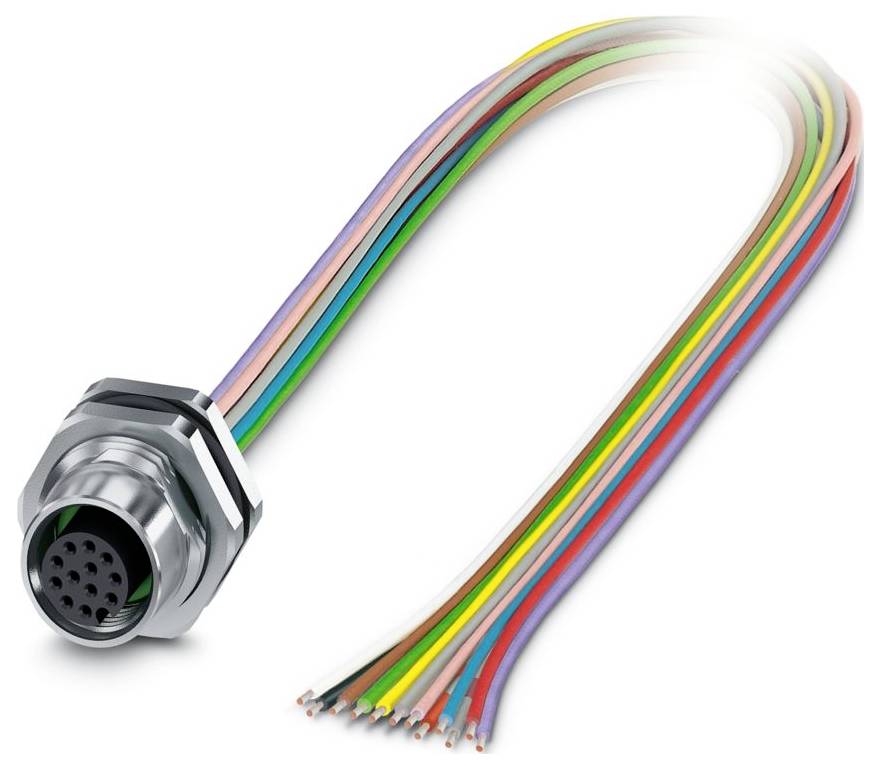 Višepinski kružni konektor s priključenim duginama obojenim žicama, koristi se za povezivanje elektroničkih komponenti.