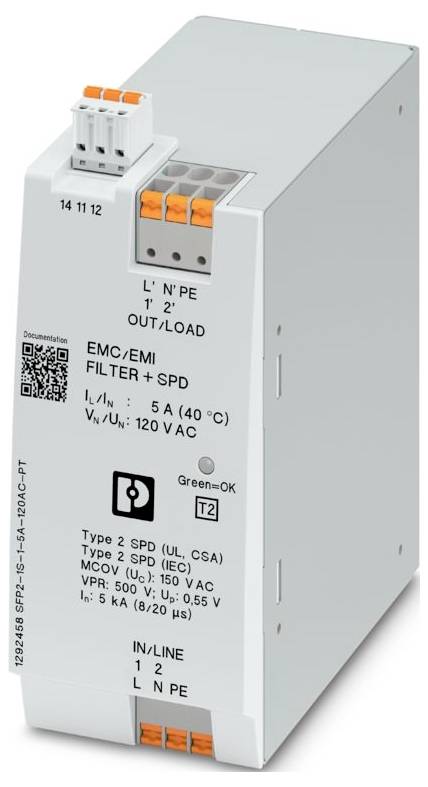 Elektronički modul s EMC/EMI filtrom i zaštitom od prenapona, kapaciteta 5A, prikladan za 120V AC, označen indikatorom operativnog statusa.