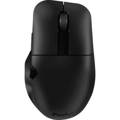 Crni ergonomski računalni miš s kotačićem za pomicanje i bočnim tipkama, oznakama 'ProArt' na dnu, snimljen odozgo.